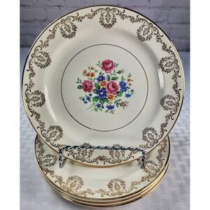 1939 Taylor Smith Taylor 4-Salad Dessert Plates 22K Gold Filigree Floral Bouquet